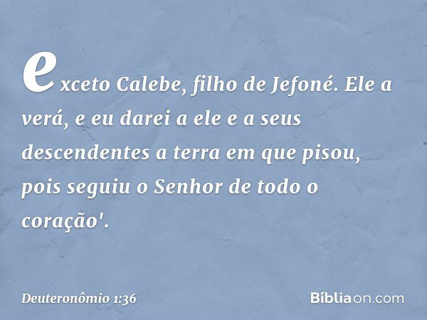 exceto Calebe, filho de Jefoné. Ele a verá, e eu darei a ele e a seus descendentes a terra em que pisou, pois seguiu o Senhor de todo o coração'. -- Deuteronômi