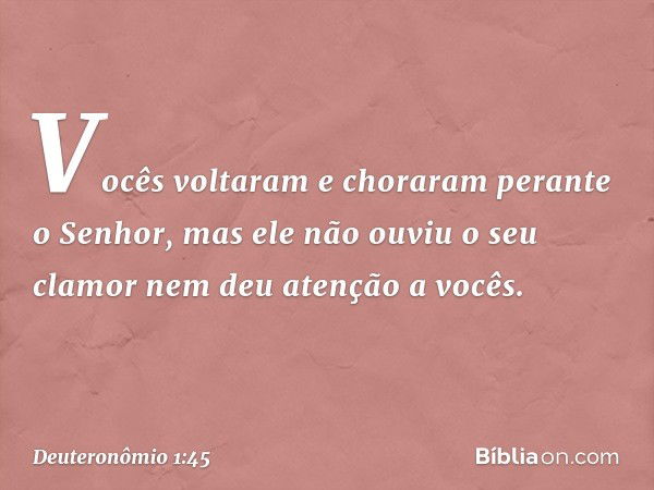 Vocês voltaram e choraram perante o Senhor, mas ele não ouviu o seu clamor nem deu atenção a vocês. -- Deuteronômio 1:45