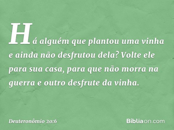 Há alguém que plantou uma vinha e ainda não desfrutou dela? Volte ele para sua casa, para que não morra na guerra e outro desfrute da vinha. -- Deuteronômio 20: