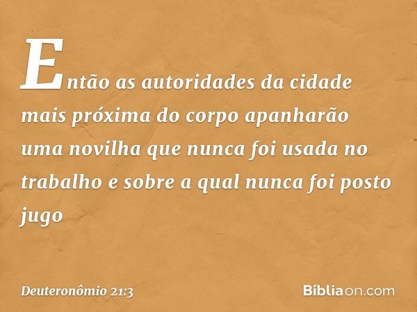 Então as autoridades da cidade mais próxima do corpo apanharão uma novilha que nunca foi usada no trabalho e sobre a qual nunca foi posto jugo -- Deuteronômio 2