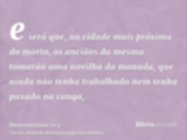 e será que, na cidade mais próxima do morto, os anciãos da mesma tomarão uma novilha da manada, que ainda não tenha trabalhado nem tenha puxado na canga,