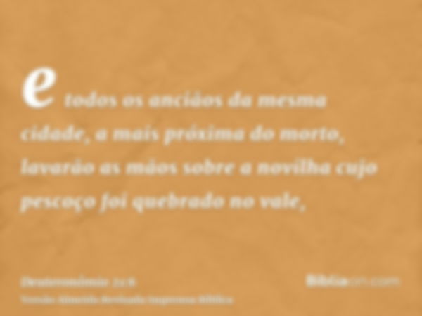 e todos os anciãos da mesma cidade, a mais próxima do morto, lavarão as mãos sobre a novilha cujo pescoço foi quebrado no vale,