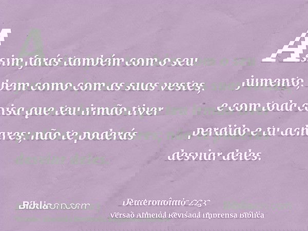 Assim farás também com o seu jumento, bem como com as suas vestes, e com toda coisa que teu irmão tiver perdido e tu achares; não te poderás desviar deles.