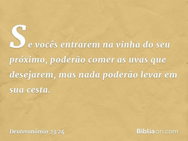 "Se vocês entrarem na vinha do seu próximo, poderão comer as uvas que desejarem, mas nada poderão levar em sua cesta. -- Deuteronômio 23:24