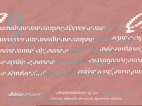 Quando no teu campo fizeres a tua sega e esqueceres um molho no campo, não voltarás para tomá-lo; para o estrangeiro para o orfão, e para a viúva será, para que