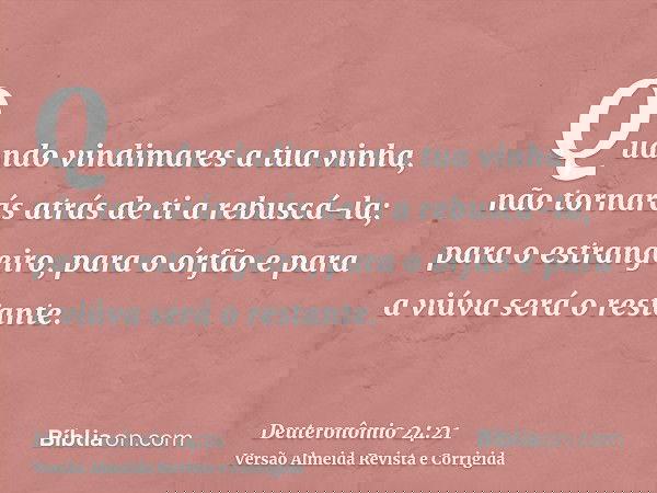 Quando vindimares a tua vinha, não tornarás atrás de ti a rebuscá-la; para o estrangeiro, para o órfão e para a viúva será o restante.