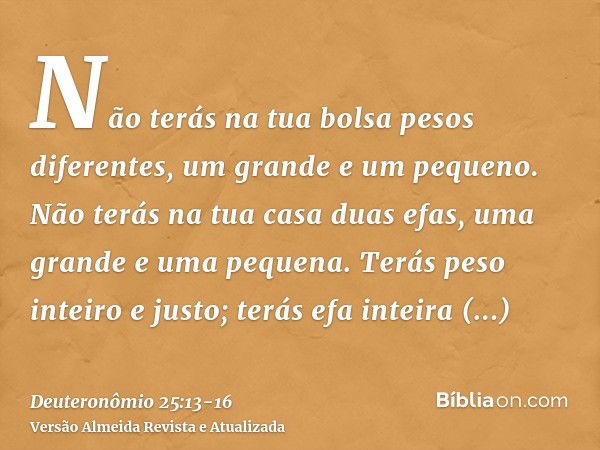 Não terás na tua bolsa pesos diferentes, um grande e um pequeno.Não terás na tua casa duas efas, uma grande e uma pequena.Terás peso inteiro e justo; terás efa 