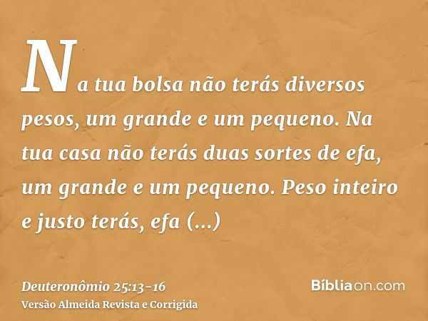 Na tua bolsa não terás diversos pesos, um grande e um pequeno.Na tua casa não terás duas sortes de efa, um grande e um pequeno.Peso inteiro e justo terás, efa i