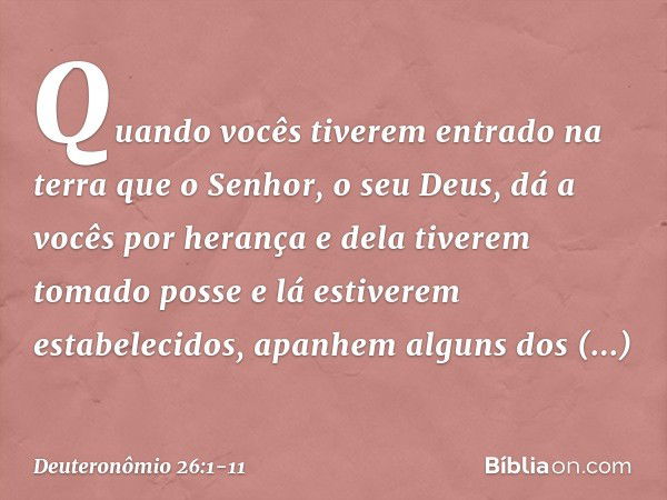 "Quando vocês tiverem entrado na terra que o Senhor, o seu Deus, dá a vocês por herança e dela tiverem tomado posse e lá estiverem estabelecidos, apanhem alguns