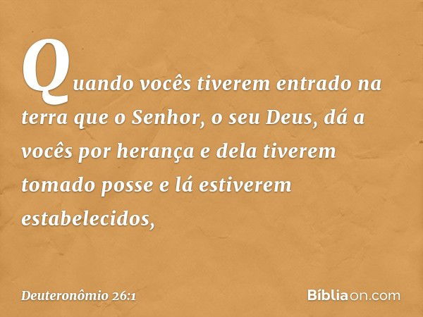 "Quando vocês tiverem entrado na terra que o Senhor, o seu Deus, dá a vocês por herança e dela tiverem tomado posse e lá estiverem estabelecidos, -- Deuteronômi