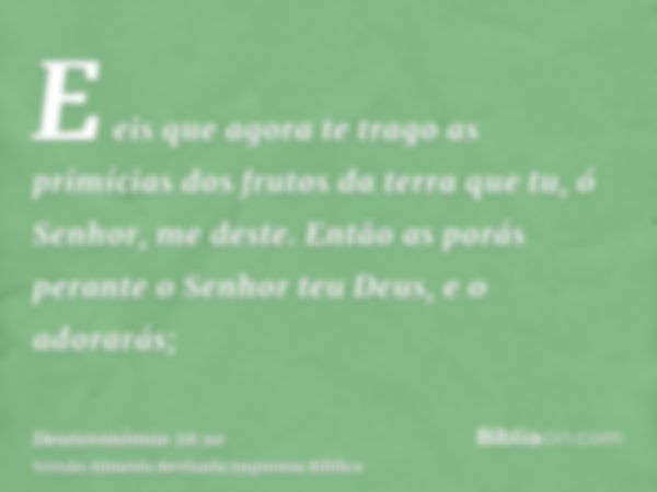 E eis que agora te trago as primícias dos frutos da terra que tu, ó Senhor, me deste. Então as porás perante o Senhor teu Deus, e o adorarás;