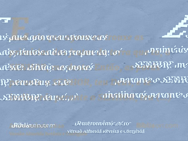 E eis que agora eu trouxe as primícias dos frutos da terra que tu, ó SENHOR, me deste. Então, as porás perante o SENHOR, teu Deus, e te inclinarás perante o SEN