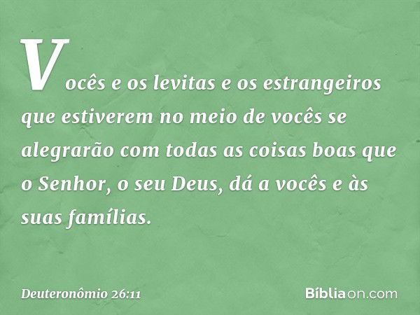 Vocês e os levitas e os estrangeiros que estiverem no meio de vocês se alegrarão com todas as coisas boas que o Senhor, o seu Deus, dá a vocês e às suas família