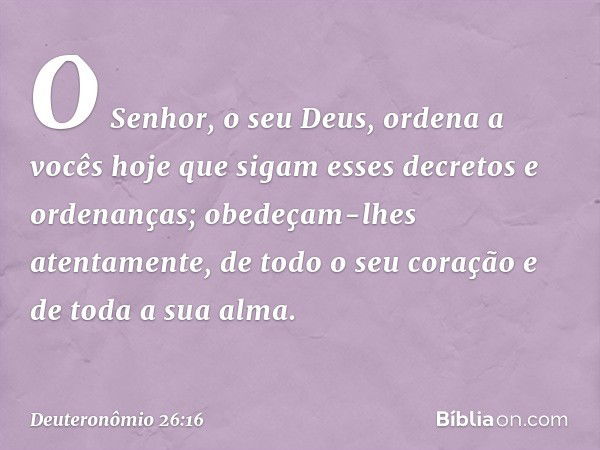 "O Senhor, o seu Deus, ordena a vocês hoje que sigam esses decretos e ordenanças; obedeçam-lhes atentamente, de todo o seu coração e de toda a sua alma. -- Deut