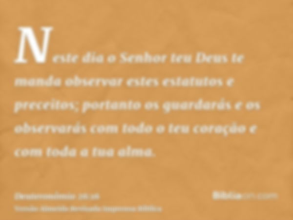 Neste dia o Senhor teu Deus te manda observar estes estatutos e preceitos; portanto os guardarás e os observarás com todo o teu coração e com toda a tua alma.