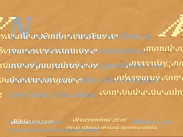 Neste dia o Senhor teu Deus te manda observar estes estatutos e preceitos; portanto os guardarás e os observarás com todo o teu coração e com toda a tua alma.