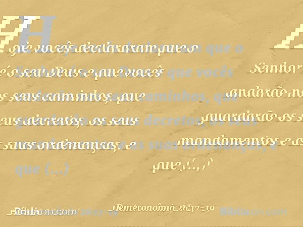 Hoje vocês declararam que o Senhor é o seu Deus e que vocês andarão nos seus caminhos, que guardarão os seus decretos, os seus mandamentos e as suas ordenanças,