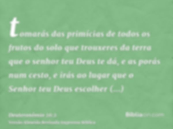 tomarás das primícias de todos os frutos do solo que trouxeres da terra que o senhor teu Deus te dá, e as porás num cesto, e irás ao lugar que o Senhor teu Deus