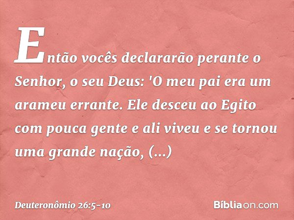 Então vocês declararão perante o Senhor, o seu Deus: 'O meu pai era um arameu errante. Ele desceu ao Egito com pouca gente e ali viveu e se tornou uma grande na