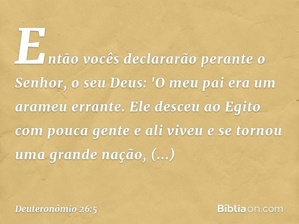 Então vocês declararão perante o Senhor, o seu Deus: 'O meu pai era um arameu errante. Ele desceu ao Egito com pouca gente e ali viveu e se tornou uma grande na