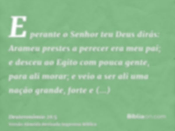 E perante o Senhor teu Deus dirás: Arameu prestes a perecer era meu pai; e desceu ao Egito com pouca gente, para ali morar; e veio a ser ali uma nação grande, f