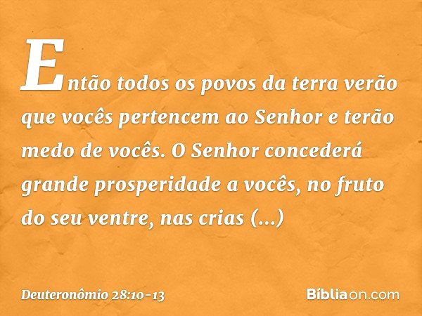 Então todos os povos da terra verão que vocês pertencem ao Senhor e terão medo de vocês. O Senhor concederá grande prosperidade a vocês, no fruto do seu ventre,