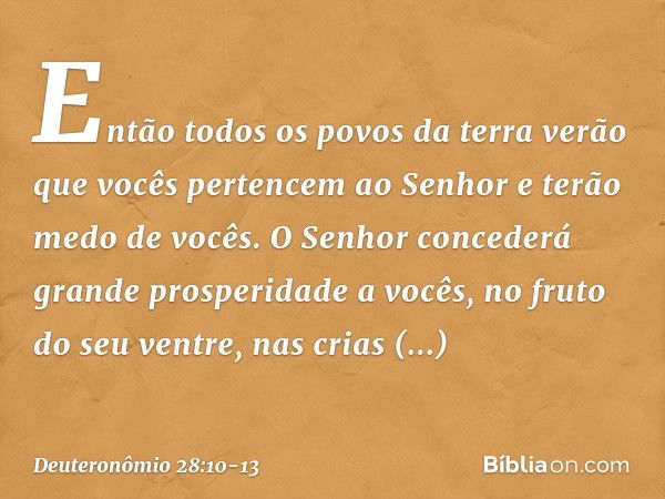 Então todos os povos da terra verão que vocês pertencem ao Senhor e terão medo de vocês. O Senhor concederá grande prosperidade a vocês, no fruto do seu ventre,