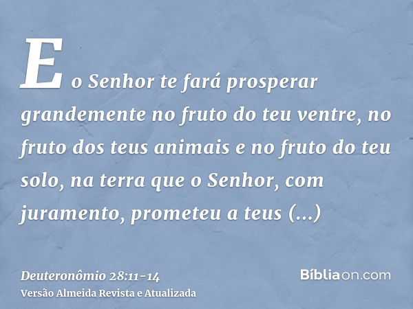 E o Senhor te fará prosperar grandemente no fruto do teu ventre, no fruto dos teus animais e no fruto do teu solo, na terra que o Senhor, com juramento, promete