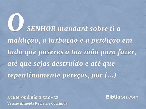 O SENHOR mandará sobre ti a maldição, a turbação e a perdição em tudo que puseres a tua mão para fazer, até que sejas destruído e até que repentinamente pereças