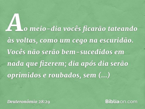 Ao meio-dia vocês ficarão tateando às voltas, como um cego na escuridão. Vocês não serão bem-sucedidos em nada que fizerem; dia após dia serão oprimidos e rouba