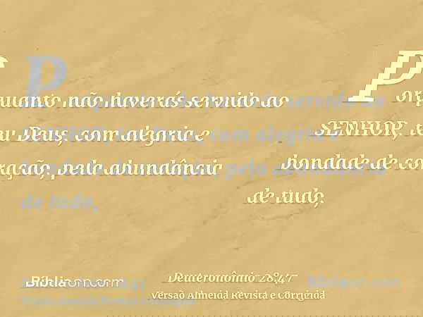 Porquanto não haverás servido ao SENHOR, teu Deus, com alegria e bondade de coração, pela abundância de tudo,