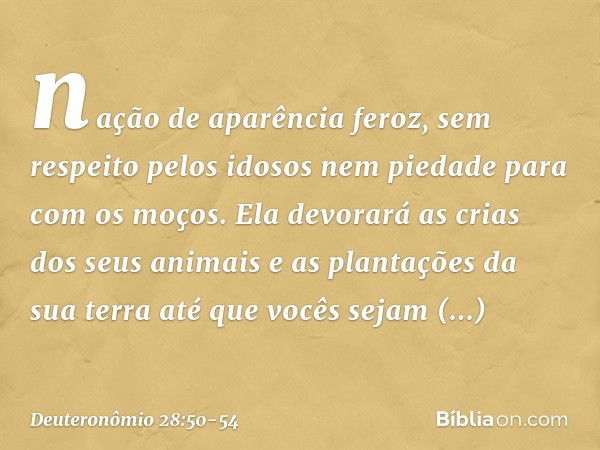 nação de aparência feroz, sem respeito pelos idosos nem piedade para com os moços. Ela devorará as crias dos seus animais e as plantações da sua terra até que v