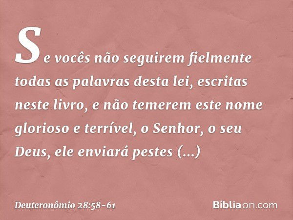 "Se vocês não seguirem fielmente todas as palavras desta lei, escritas neste livro, e não temerem este nome glorioso e terrível, o Senhor, o seu Deus, ele envia