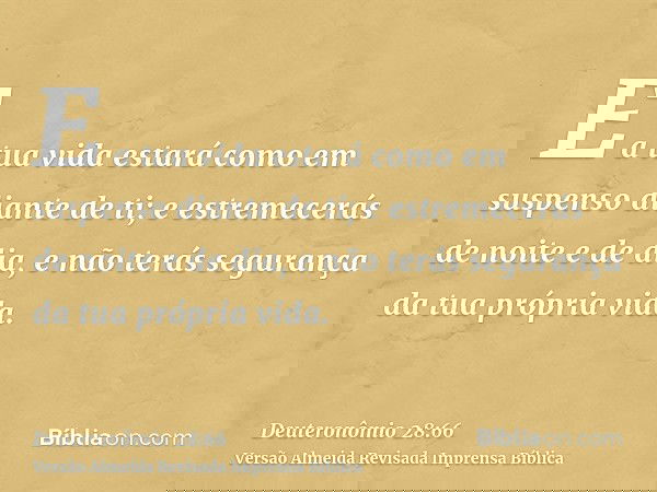 E a tua vida estará como em suspenso diante de ti; e estremecerás de noite e de dia, e não terás segurança da tua própria vida.