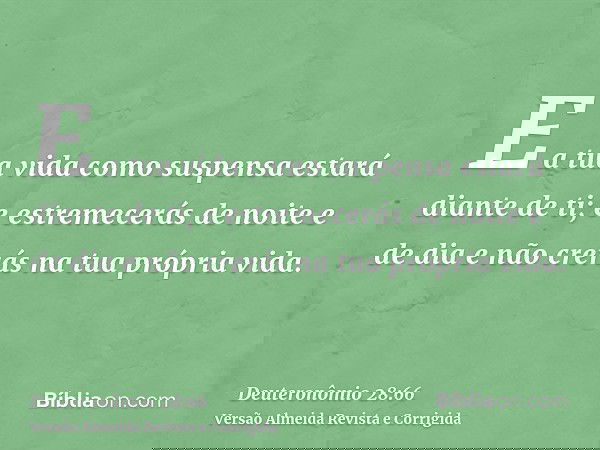 E a tua vida como suspensa estará diante de ti; e estremecerás de noite e de dia e não crerás na tua própria vida.