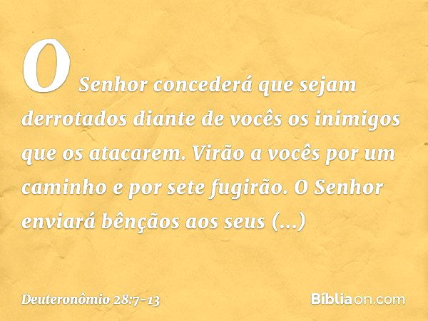 "O Senhor concederá que sejam derrotados diante de vocês os inimigos que os atacarem. Virão a vocês por um caminho e por sete fugirão. "O Senhor enviará bênçãos