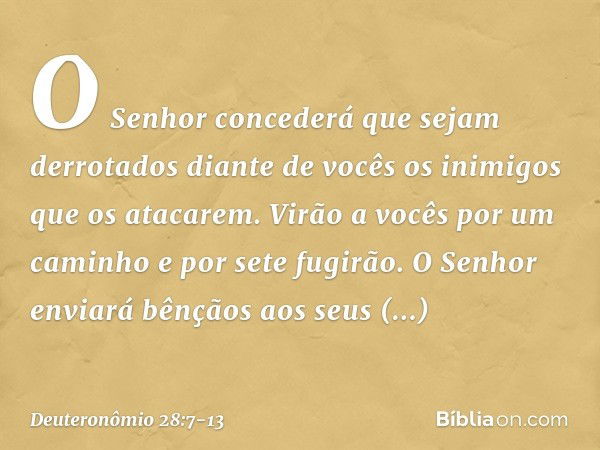 "O Senhor concederá que sejam derrotados diante de vocês os inimigos que os atacarem. Virão a vocês por um caminho e por sete fugirão. "O Senhor enviará bênçãos