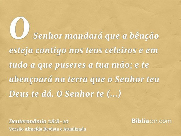 O Senhor mandará que a bênção esteja contigo nos teus celeiros e em tudo a que puseres a tua mão; e te abençoará na terra que o Senhor teu Deus te dá.O Senhor t