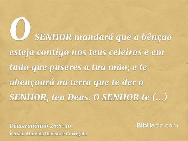 O SENHOR mandará que a bênção esteja contigo nos teus celeiros e em tudo que puseres a tua mão; e te abençoará na terra que te der o SENHOR, teu Deus.O SENHOR t