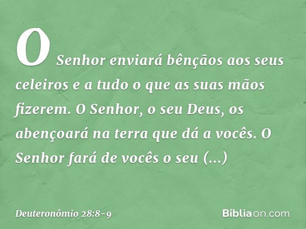 "O Senhor enviará bênçãos aos seus celeiros e a tudo o que as suas mãos fizerem. O Senhor, o seu Deus, os abençoará na terra que dá a vocês. "O Senhor fará de v