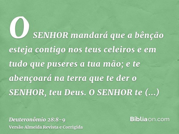 O SENHOR mandará que a bênção esteja contigo nos teus celeiros e em tudo que puseres a tua mão; e te abençoará na terra que te der o SENHOR, teu Deus.O SENHOR t