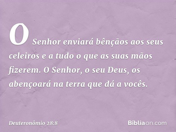 "O Senhor enviará bênçãos aos seus celeiros e a tudo o que as suas mãos fizerem. O Senhor, o seu Deus, os abençoará na terra que dá a vocês. -- Deuteronômio 28: