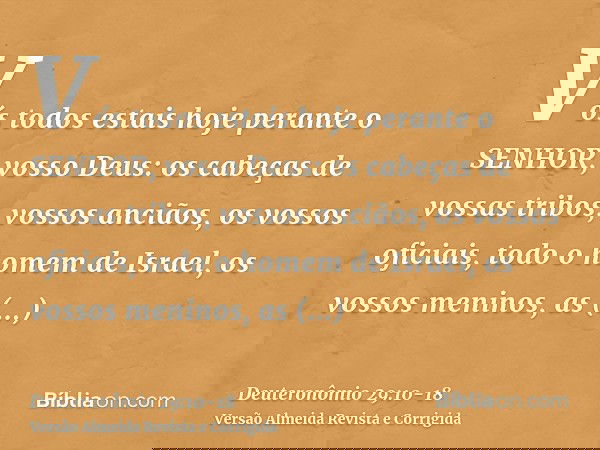Vós todos estais hoje perante o SENHOR, vosso Deus: os cabeças de vossas tribos, vossos anciãos, os vossos oficiais, todo o homem de Israel,os vossos meninos, a