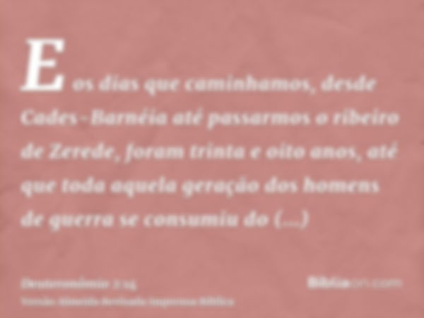 E os dias que caminhamos, desde Cades-Barnéia até passarmos o ribeiro de Zerede, foram trinta e oito anos, até que toda aquela geração dos homens de guerra se c