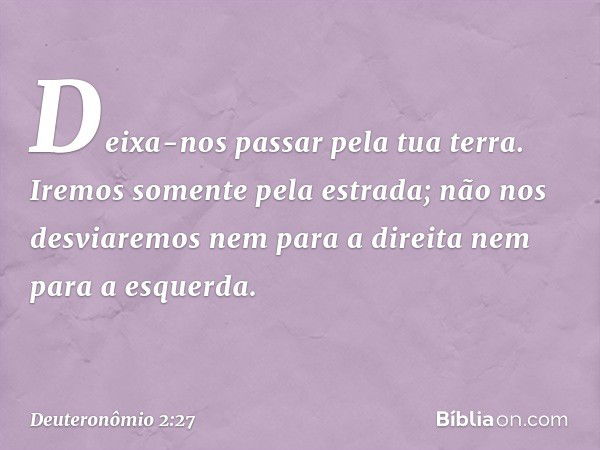 Deixa-nos passar pela tua terra. Iremos somente pela estrada; não nos desviaremos nem para a direita nem para a esquerda. -- Deuteronômio 2:27