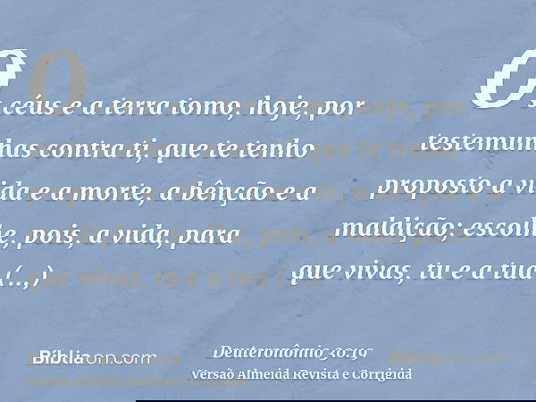 Os céus e a terra tomo, hoje, por testemunhas contra ti, que te tenho proposto a vida e a morte, a bênção e a maldição; escolhe, pois, a vida, para que vivas, t