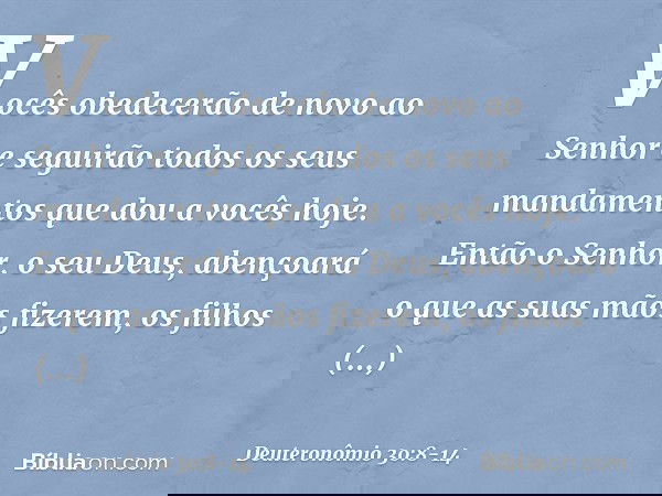 Vocês obedecerão de novo ao Senhor e seguirão todos os seus mandamentos que dou a vocês hoje. Então o Senhor, o seu Deus, abençoará o que as suas mãos fizerem,