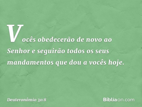 Vocês obedecerão de novo ao Senhor e seguirão todos os seus mandamentos que dou a vocês hoje. -- Deuteronômio 30:8