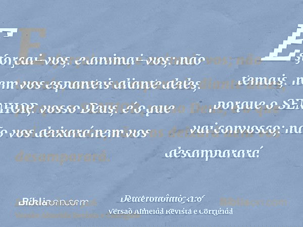 Esforçai-vos, e animai-vos; não temais, nem vos espanteis diante deles, porque o SENHOR, vosso Deus, é o que vai convosco; não vos deixará nem vos desamparará.