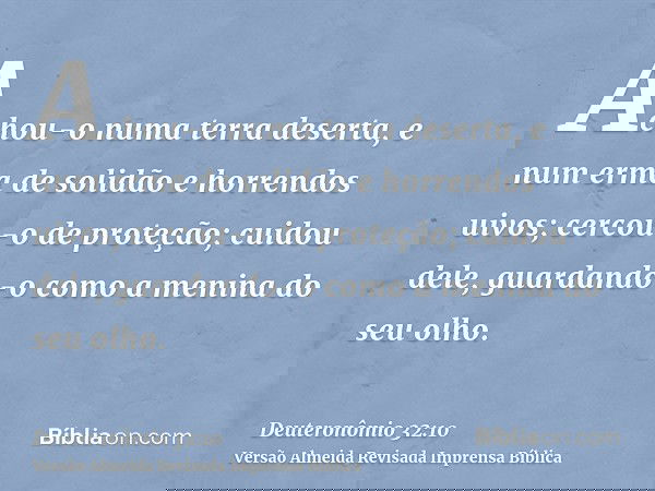 Achou-o numa terra deserta, e num erma de solidão e horrendos uivos; cercou-o de proteção; cuidou dele, guardando-o como a menina do seu olho.